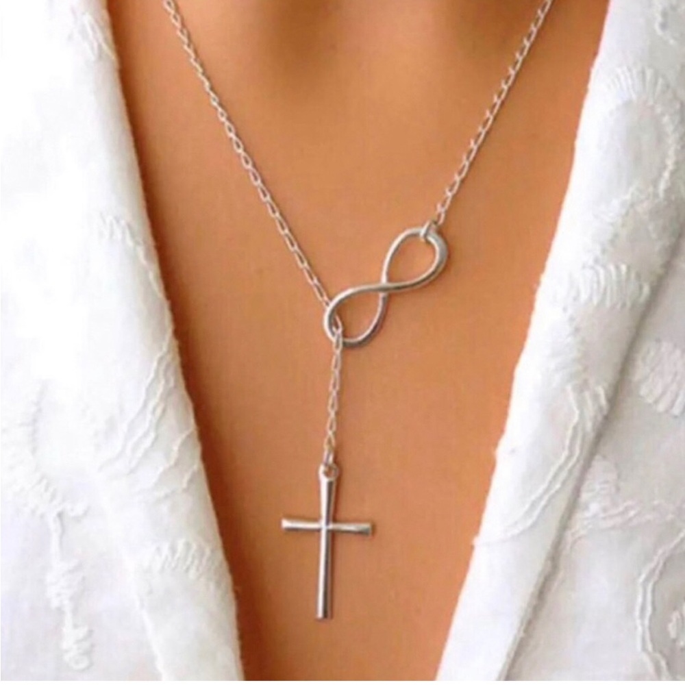 Sterling Silver Infinity Lariat Necklace with Cross Pendant - Silver